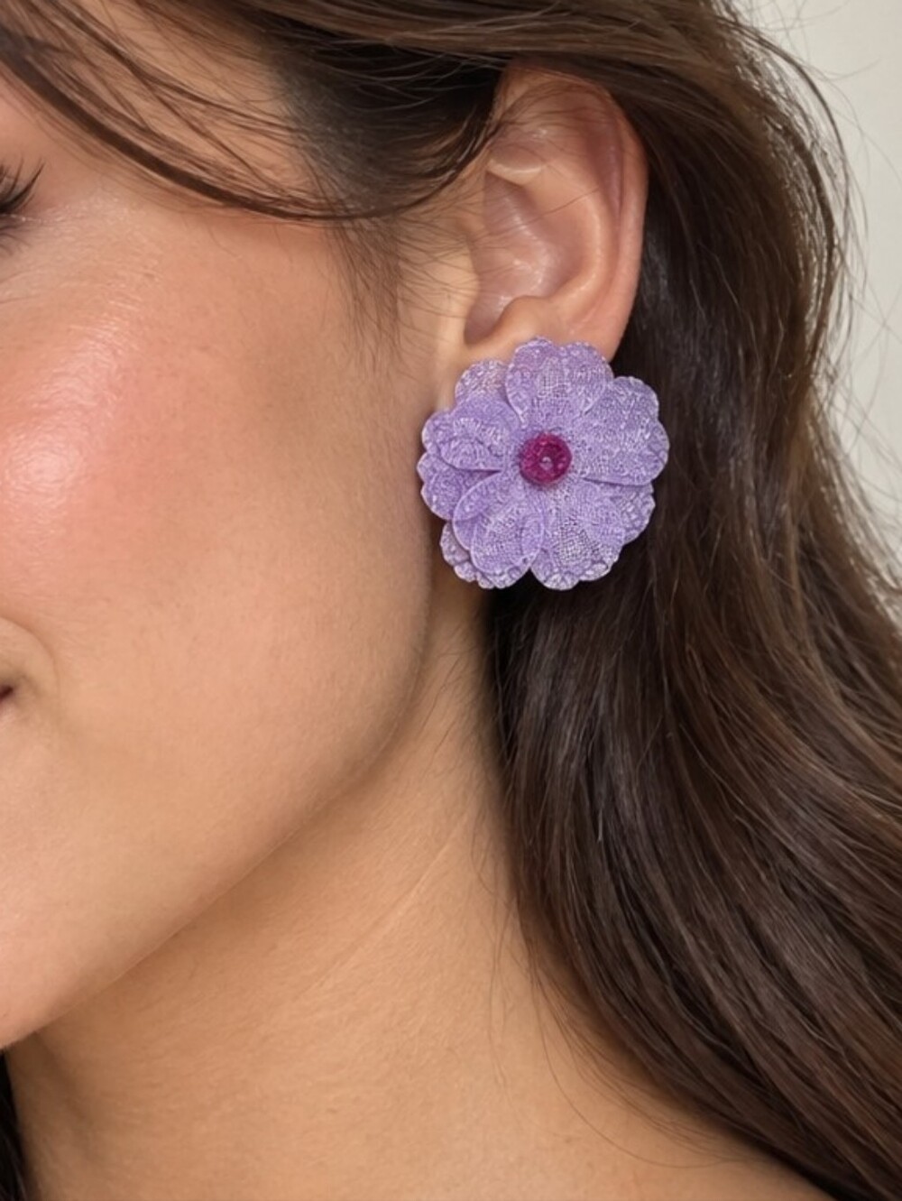 💎 Lavender Lilac Fabric Flower Statement Stud Earrings Purple Floral Oversized
